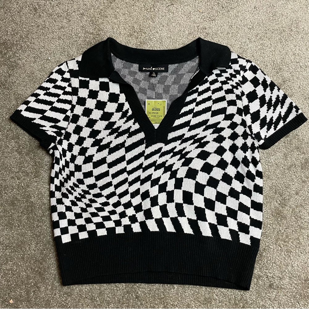 NWT checkered wavy cropped sweater collar short sleeve top black white